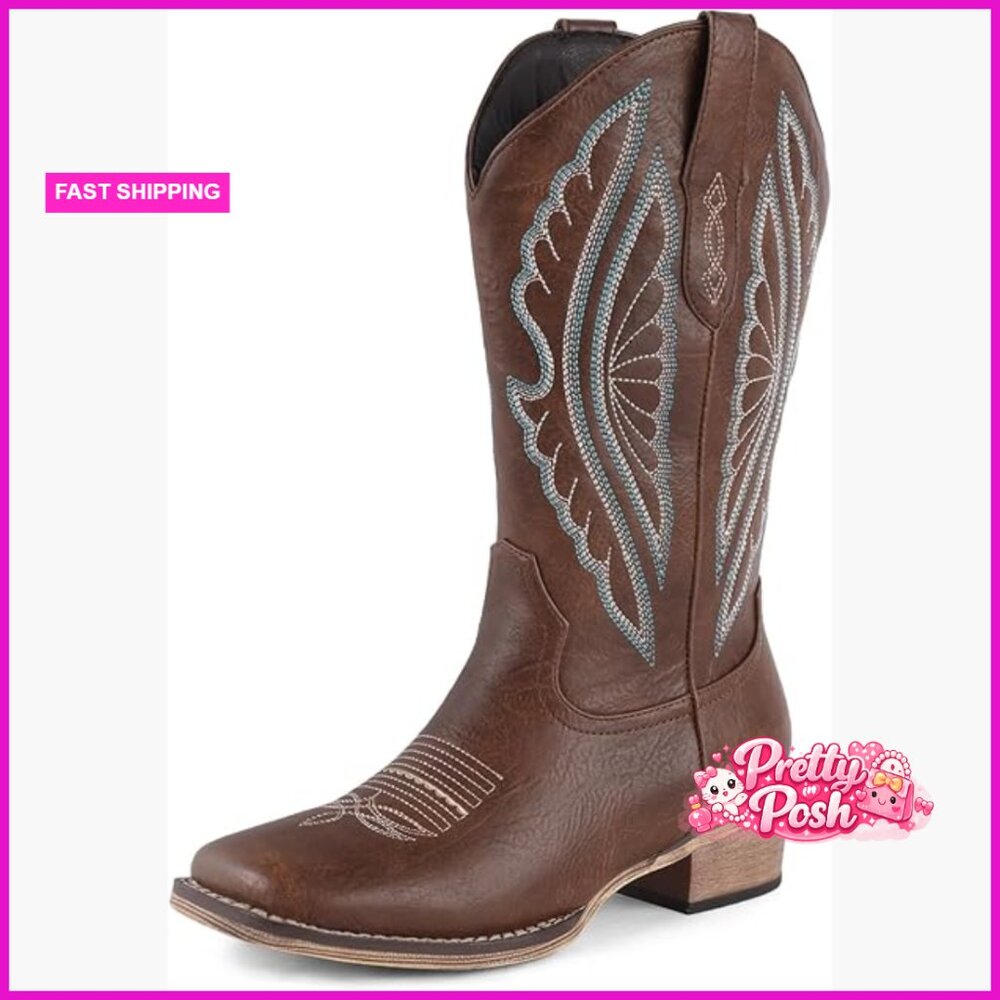 Faux Leather Western Cowboy Boots With Chunky Heel And Embroidered Detail
